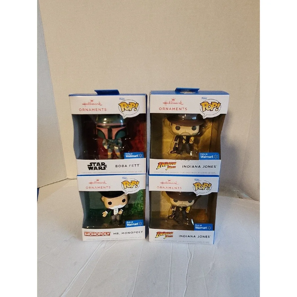 Hallmark Funko Pop Ornaments Indiana Jones(2)  Mr Monopoly Boba Fett 4 Total New